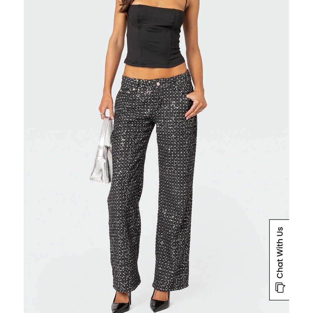 Edikted Nyah Sequin Loose Fit Jeans Size Medium Women's Black